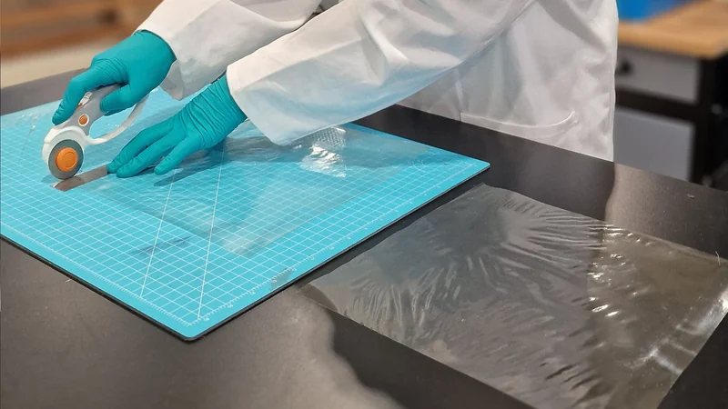 Gloved hands cutting a large transparent anion exchange membrane sheet to size with a rotary cutter on a cutting mat, with a second membrane sheet on the lab bench.
