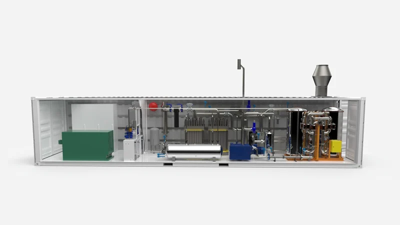 Cutaway view of a containerised electrolysis system showing piping, tanks and balance-of-plant equipment.