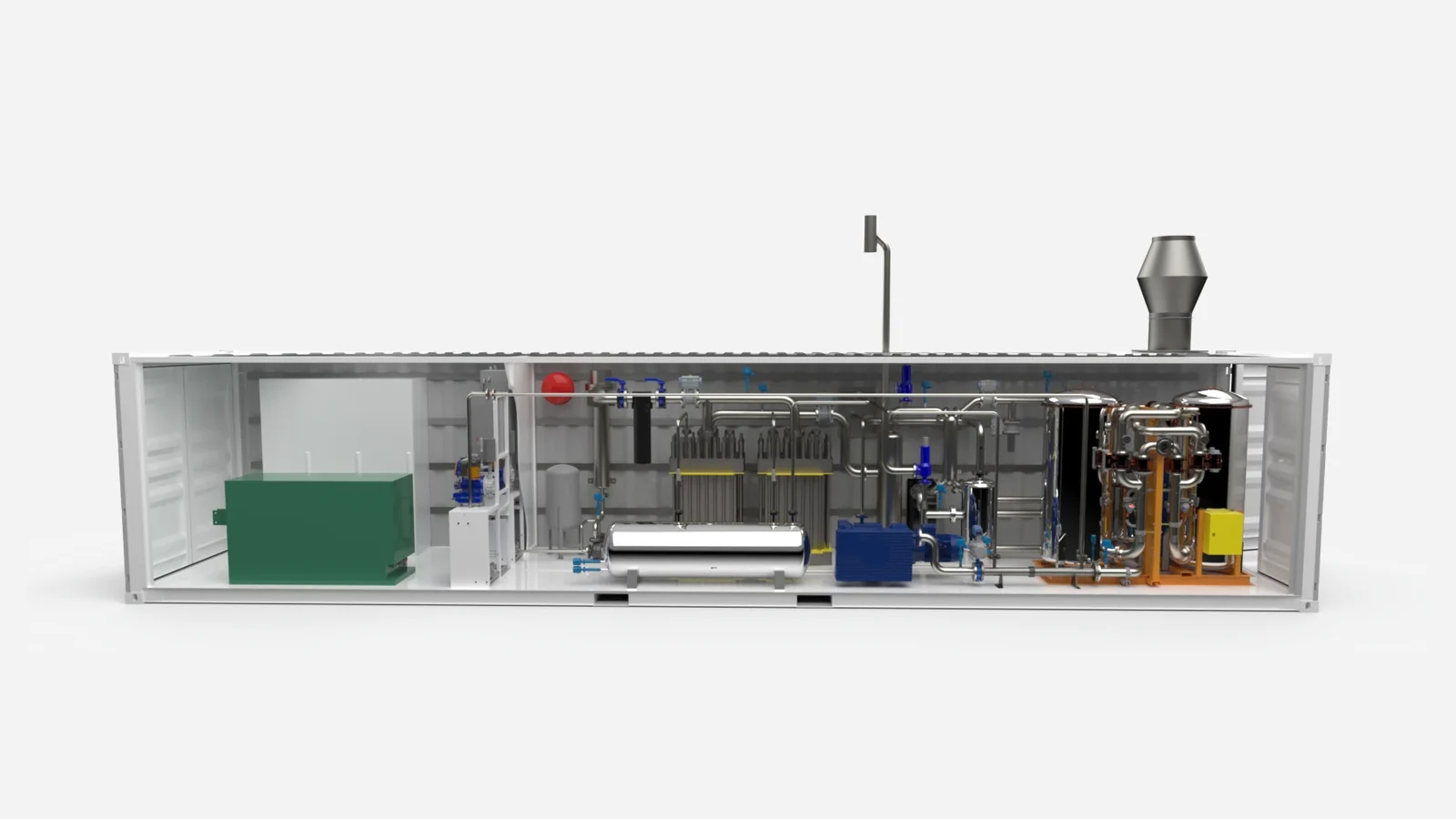 Schnittansicht eines containerisierten Elektrolysesystems mit Rohrleitungen, Behältern und Peripherieanlagen.