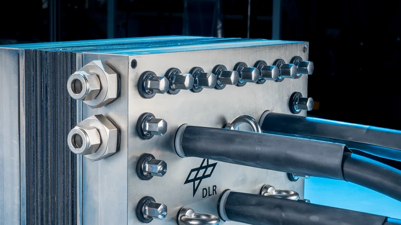 Detail of an electrolyser stack end plate with compression fittings, bolts and insulated hoses.