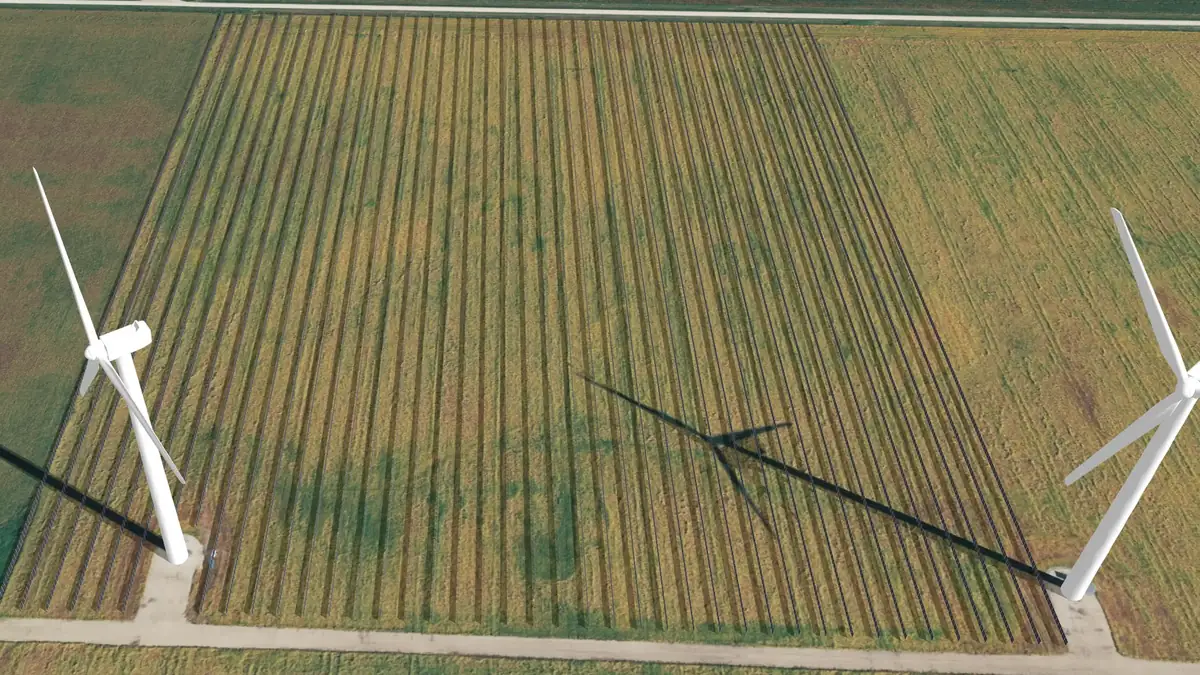 Vertical bifacial solar arrays on a field next to wind turbines, the renewable supply behind a power purchase agreement
