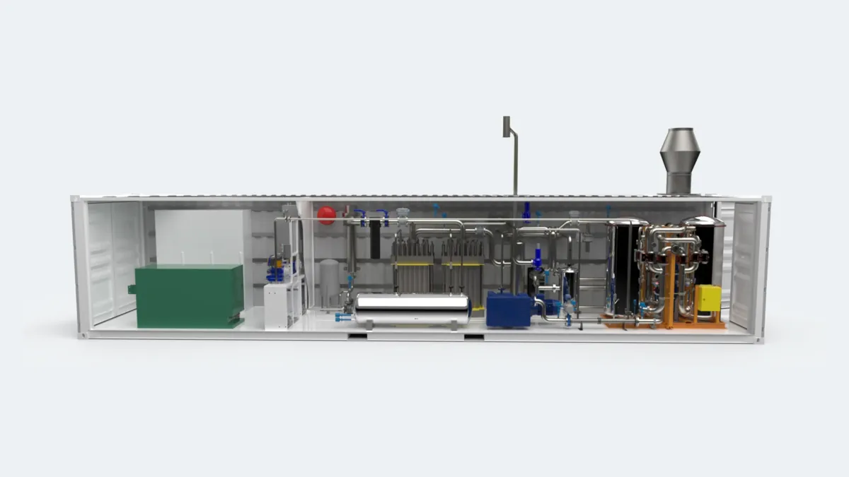 Cutaway render of a containerised electrolyser system showing balance-of-plant skids, piping and power electronics