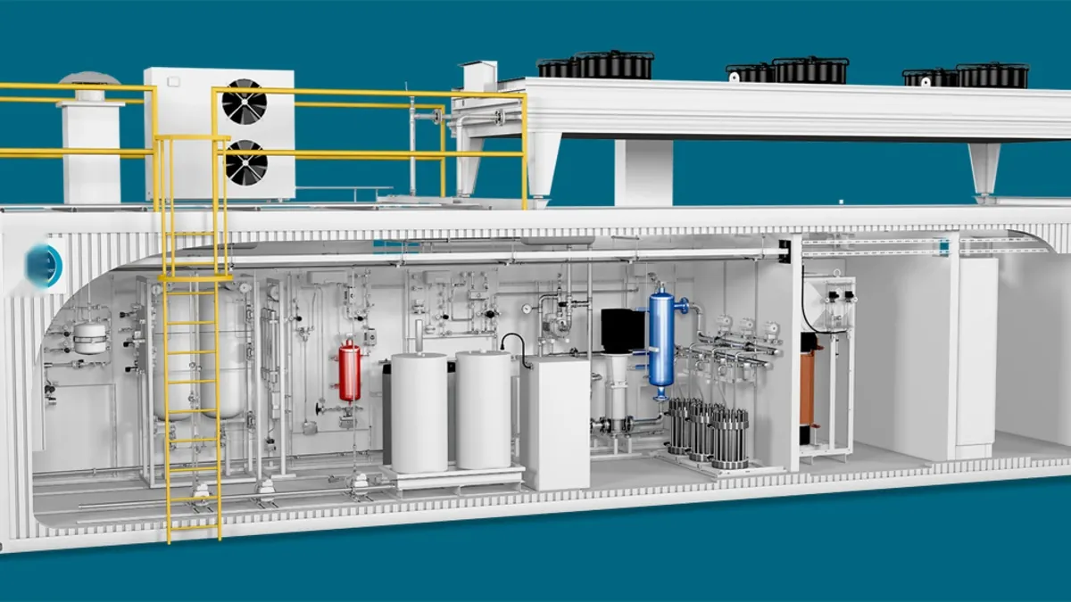 Render of an electrolysis plant container layout with modular process equipment and rooftop coolers