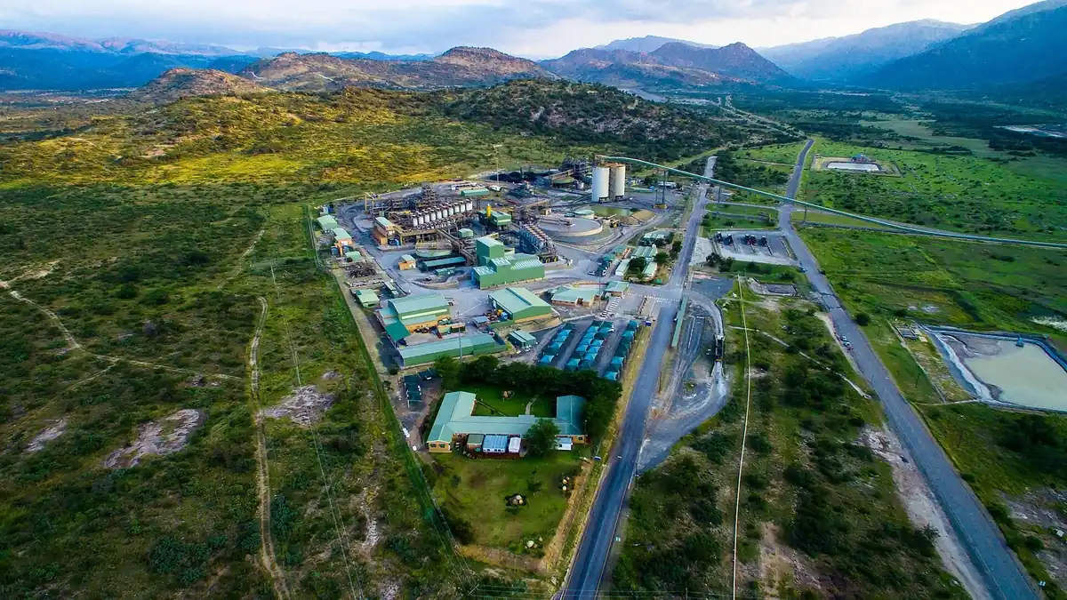 Aerial view of a platinum-group-metal mine and processing plant, the upstream source of scarce electrolyser catalyst metals