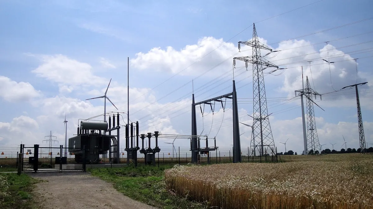 High-voltage substation connecting a wind farm to the grid, the renewable power basis of RFNBO hydrogen